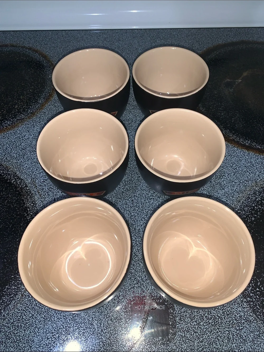 Le Creuset Brown & cream Bowls with red 'Mine' and 'Yours' Labels - Set of 6